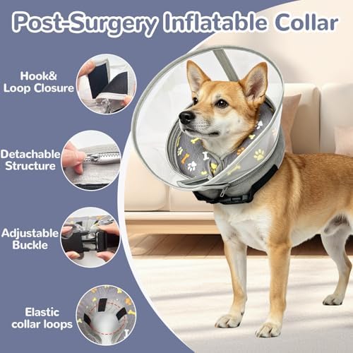 Inflatable Dog Cone Collar with Anti-Licking Clear Shield, for Dogs Cats