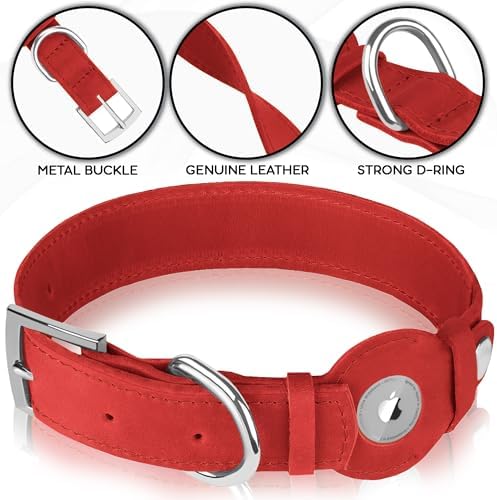 Leather Dog Collar with Airtag Holder - Apple Air Tag Dog Collars - Soft Tracking GPS Pet Collar for Small Medium Large Dogs Breed Puppy (Red, M, 12"-15" Neck Fit)