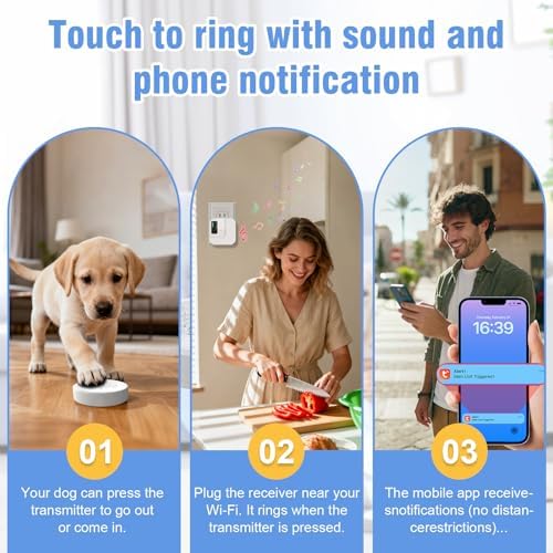 ChunHee WiFi Smart Dog Door Bell for Potty Training to Go Outside–Wireless Doggy Doorbell with Tuya Phone Notification–Waterproof Touch Button and Adjustable Volume, Multi-User Alerts(1 Dog Buttons)