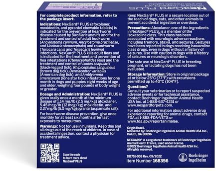 NexGard Plus (afoxolaner, moxidectin, and pyrantel) Flea and Tick Protection & Heartworm Preventive for Dogs Soft Beef Flavored Chewables, 33.1-66 lbs. (Purple) 1 Chew (1 Month Supply)