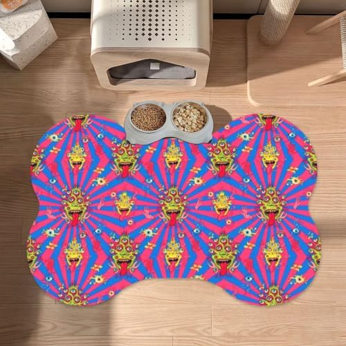 Bone Shaped Pet Food Mat for Floors (Trippy Tie Dye Acid Eyes Monster)