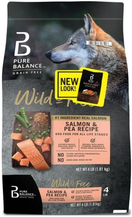 Pure Balance Wild & Free Salmon & Pea Recipe Dry Dog Food, Grain~Free, Real Salmon First Ingredient, No Fillers or Artificial Preservatives, Supports Muscle, Digestion, Heart, and Coat Health ~ 4 Lbs
