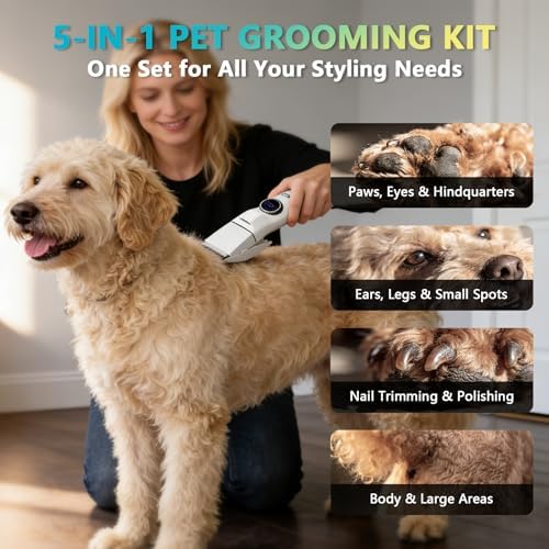 5-in-1 Dog Grooming Kit, Dog Paw Trimmer with LED Display and Light 11-Speed Rotary Knob Low Noise Stainless Steel Blade, Wireless Charging Pet Shaver Ideal Trimming Paw Eye Ear Facial Hair