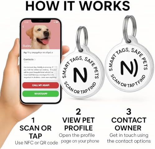 Smart Pet ID Tag with QR Code & NFC – Epoxy Coated Waterproof PVC – Scan or Tap to Access Pet Info – Universal Tag for Dogs & Cats – No App Needed – Update Profile Anytime (White)