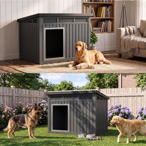 VIXZEN Dog House Indoor Outdoor,Waterproof Dog House for Small to Large Dogs,Doghouse with Air Vents and Elevated Floor,Openable at the Top,Easy to Assemble and Clean,Deep Black