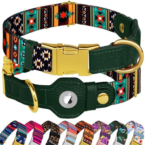 AirTag Dog Collar for Small Medium Large Breed - Adjustable Cute Pattern Dog Collar with Airtag Holder - Soft Leather Tracker GPS Apple Air Tag Pet Collars (Large, 17"-21" Neck Fit, Tribal)