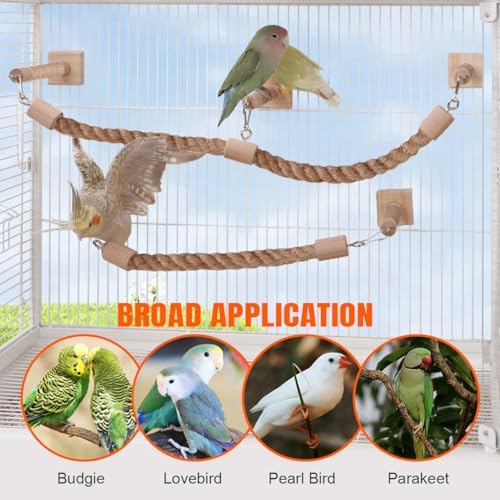 La La Pet Bird Rope Perches for Cage Natural Wood Standing Perch Hanging Bridge and Swing Interactive Birds Toys for Conures Budgies Parakeets Cockatiels Lovebirds 3-Set