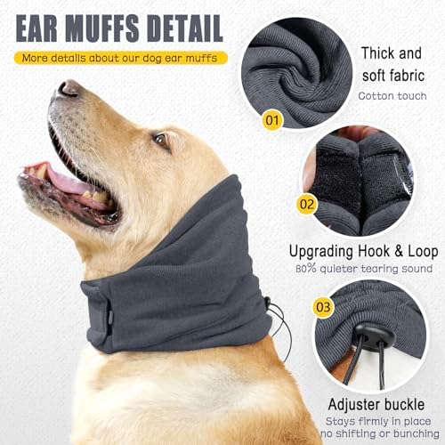 Meifsou Quiet Ears for Dogs - Adjustable Ear Covers for Noise, No Shake Dog Head Wrap, Dog Calming Hood for Thunder, Lightning, Fireworks, Vet Visits, Polyester and Stretch Cotton Blend, Grey L