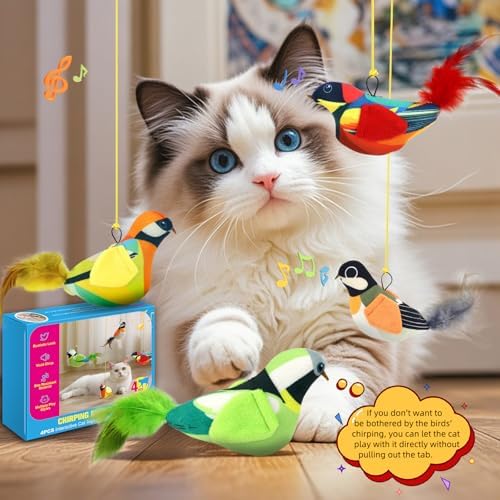 4PCS Interactive Hanging Bird Cat Toys Set - with Catnip, Realistic Chirping, Lifelike Birdie Tweets, Durable & Safe, Indoor Kitty Kitten Exercise Toys (Mini)