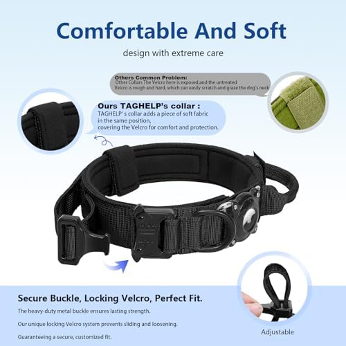 Waterproof AirTag Dog Collar with QR ID Tag, Tactical Military Dog Collar with Built-in AirTag Holder, Heavy Duty Metal Buckle & Control Handle, Training GPS Tracker Collar for Large Dogs(Black,XL)