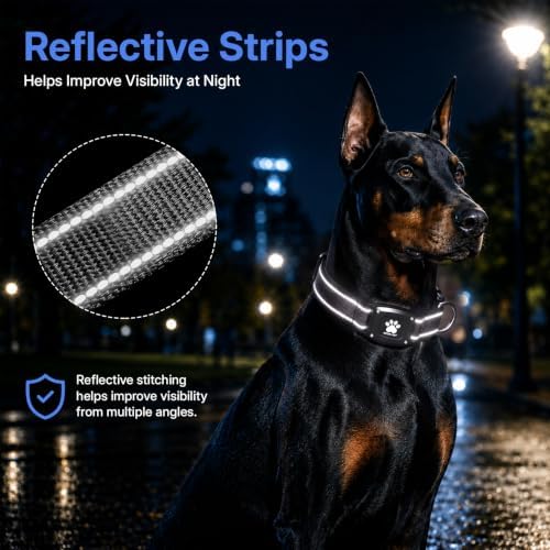 GPS Dog Collar with Tracker, Waterproof, No Monthly Fee, Black, M | Works with Apple Find My, iOS Only, MFi Certified, No SIM Card, for Medium Dogs, Reflective Padded Nylon, Neck 14.5-19.5 in