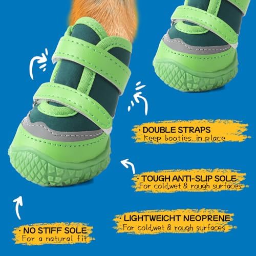 Dog Shoes for Small Dogs, Breathable Dog Boots Paw Protector for Hot Pavement Winter Snow, Dog Booties with Reflective Strips Rugged Anti-Slip Sole for Hardwood Floors Outdoor Walking Green Size 3