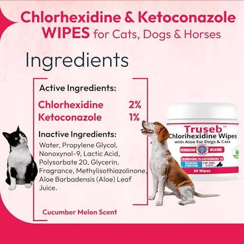 Truseb Ketoconazole & Chlorhexidine Wipes for Dogs and Cats, Helps Clean, Deodorize, Soothe Hot Spots, Itchy Paws, and Irritated Skin Folds, Smelly Skin Relief(100 Count) Dogs & Cats Small Wipes