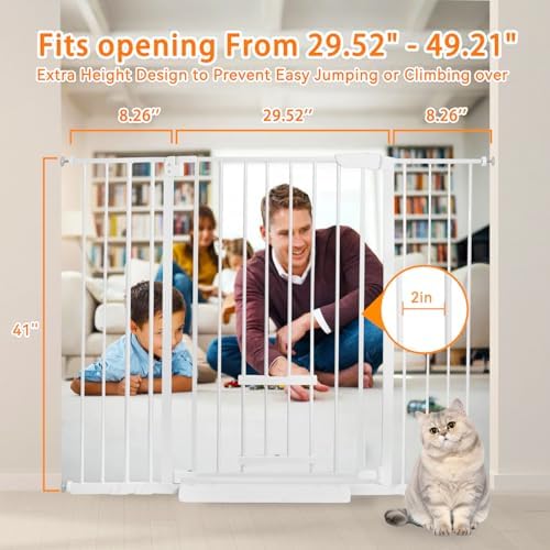 41 Inch Tall Baby Gate with Small Cat Door, Adjustable Auto Close Dog Gate Easy Walk Thru Pet Door for Stairs, Doorway, House (White, 29.52"-49.21")