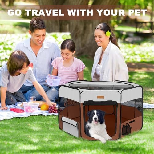 Akinerri Portable Dog Playpen, Foldable Pet Play Pen for Puppy Cat, Brown