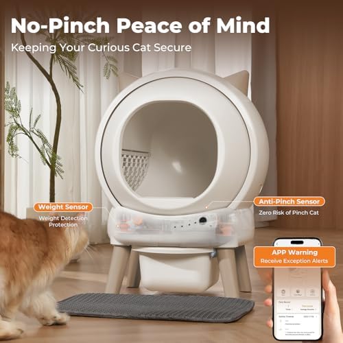 Self Cleaning Litter Box - E2 Automatic Cat Litter Box Smart Self Cleaning Robot for Cats, Double Safety Protection, App Control, 2 Roll Garbage Bags & Mat（White & Grey
