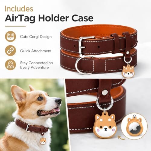Genuine Leather Dog Collar, Soft Padded Leather Dog Collars with Airtag Holder Case for Small Medium Large X-Large Dogs,Comfort Heavy Duty Pet Collar with Durable Metal Buckle & D-Ring-Brown/S