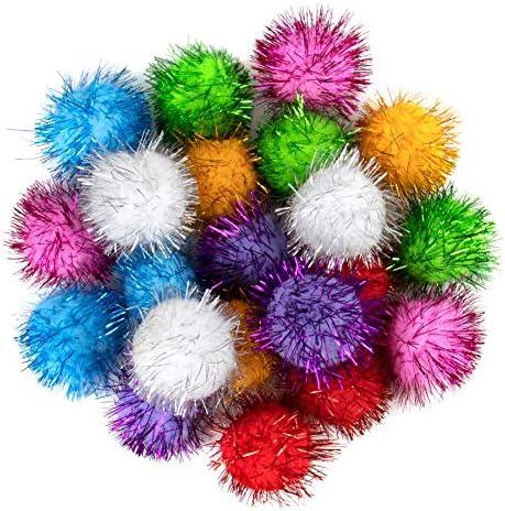 AUEAR, 20 Pack Sparkle Balls 1.5 Inches Tinsel Poms for Cats Pets Assorted Colors