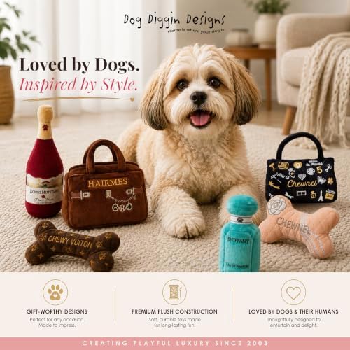 Dog Diggin Designs Chewy Vuiton Crown of Gold Plush Dog Toy | Luxury-Inspired Parody Royal Crown with Squeaker, Soft Plush Statement Dog Toy – Fashion-Forward Play