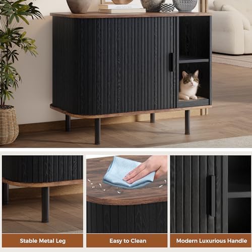 Cat Litter Box Enclosure, Kitty Hidden Litter Box Furniture with Scratch Pad, Modern Indoor Cat House, Sliding Door, Adjustable Shelf for Dog Proof, Black