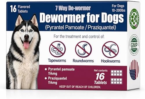 7-Way Dewormer for Dogs, Wormer for Tapeworms, Roundworms & Hookworms in Large Medium Dogs & Puppies (Over 10 lbs), with Praziquantel & Pyrantel Pamoate, 16 Tablets