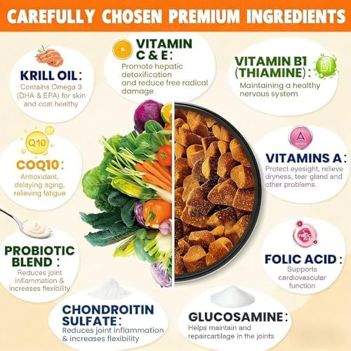 24-in-1 Dog Vitamins and Supplements, Dog Multivitamin Chewable with Glucosamine, Chondroitin, Probiotics & Omega 3 for Skin and Coat, Hip and Joint, Gut and Immune Support, 200 Chews