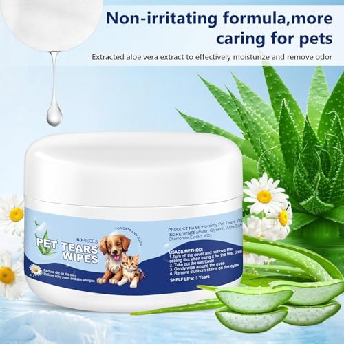 Eye & Ear Wipes for Pets-Tear Stain Remover Wipes for Dogs and Cats, 60pcs