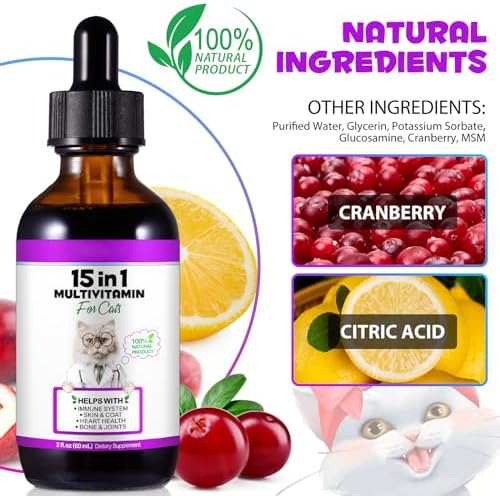 VOSIFSDIY Cat Multivitamin,15 in 1 Cat Vitamins Liquid Drops Supplements for Heart Health, Bones, Joint, Skin & Coat, Bladder, Immune System Support 60ml