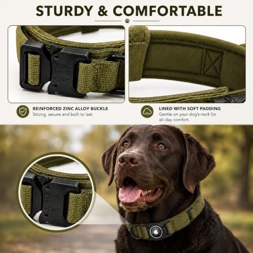 Heavy Duty Tactical Dog Collar with Tracker Pocket,Adjustable GPS Tracking Collar for Small, Medium & Large Dogs, Compatible with Compact Smart Trackers,Control Handle for Added Security (Green, XL)