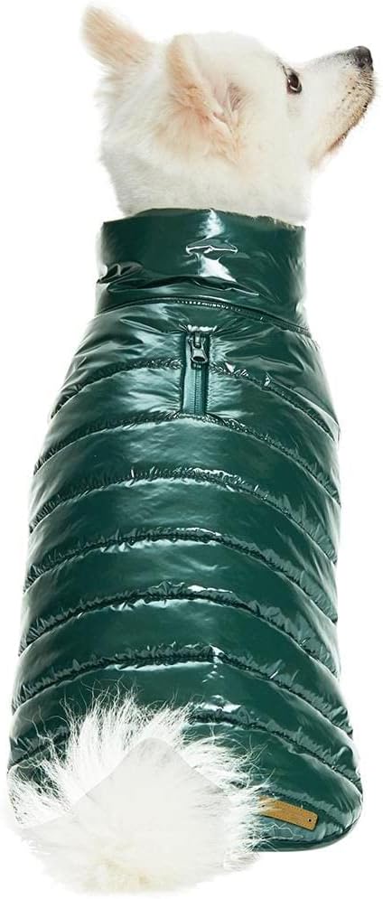 Blueberry Pet Cozy & Comfy Windproof Lightweight Quilted Fall Winter Glossy Dog Puffer Jacket in Hunter Green, Back Length 15.75", Size 14, Warm Coat for Medium Dogs