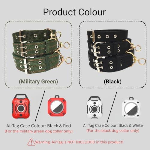 Tactical Heavy Duty Nylon Dog Collar for Large & Medium Dogs - Includes AirTag Compatible Case - Double-Lock Buckle & Reinforced D-Ring (Green, Large: Width = 2"; Neck = 16" - 22")