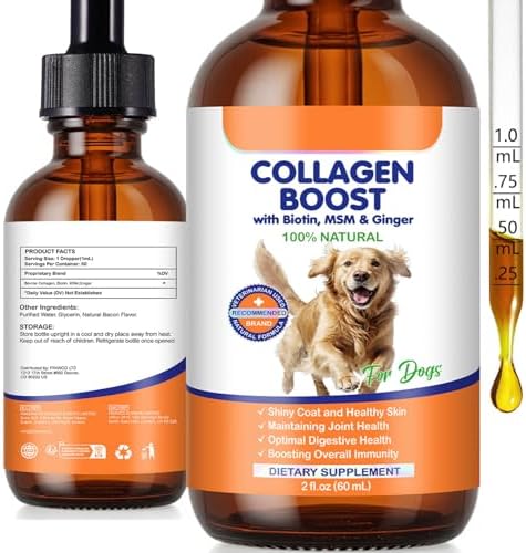Liquid Collagen for Dogs, Dog Joint Supplements, Skin and Coat Supplement, Dry and Itchy Skin Relief, Support Digestive Health, Dog Collagen Drops with Biotin, MSM, Ginger, Bacon Flavor