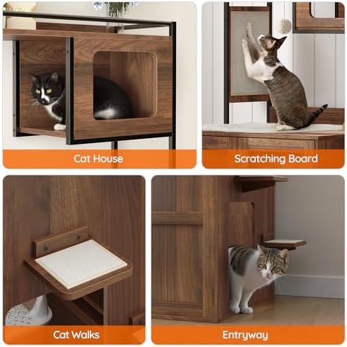HOOBRO Cat Automatic Litter Box Enclosure Furniture, 30.5" L x 26.8" W x 61" H, Hidden Robotic Litter Box Cabinet, Dog-Proof Shelf with Charging Station, Scratching Mat, Bowls, Walnut WL68UMZ03N1