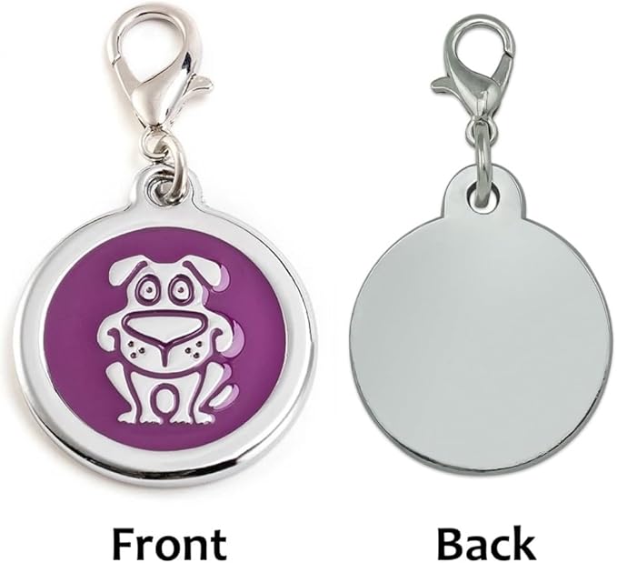 Personalized Funky Dog Design Pet ID Tags with Quick Tag Clip - Puppy Name tag, Happy Dogs ID tag, Laser Engraved pet Tags, Custom pet Name tag (Dog-Round-Small: Purple)