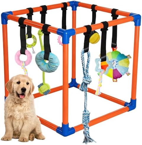 Puppy Play Gym with 9 Hanging Toys for Small Dogs, PVC Frame with Bungee Straps, Interactive Indoor Jungle Playground for Entertainment, Teething and Mental Stimulation