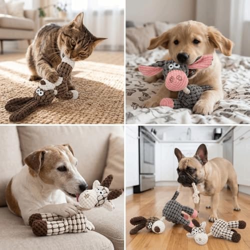 Pet Squeaky Chew Toy Interactive Durable Plush Dog Toy for Small Medium Large Breeds, Teeth Cleaning & Boredom Relief(Coffee Brown Dog)