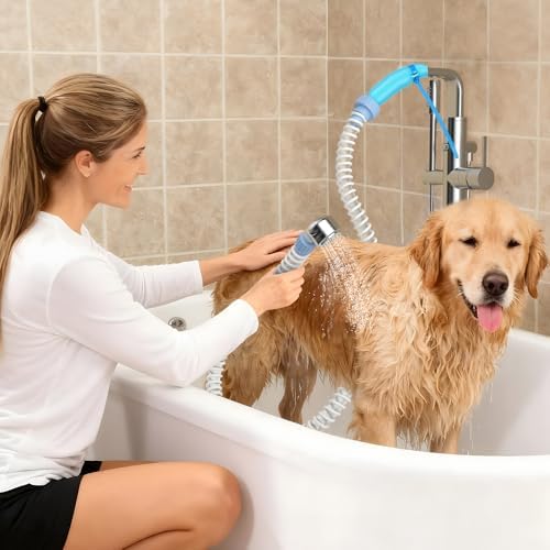 Slip-On Dog Shower Attachment for Bathtub Faucet, Ear-Tab Zip-Tie Connector, Handheld Sprayer Head, 6 ft Hose, Fits Spouts up to 3 in