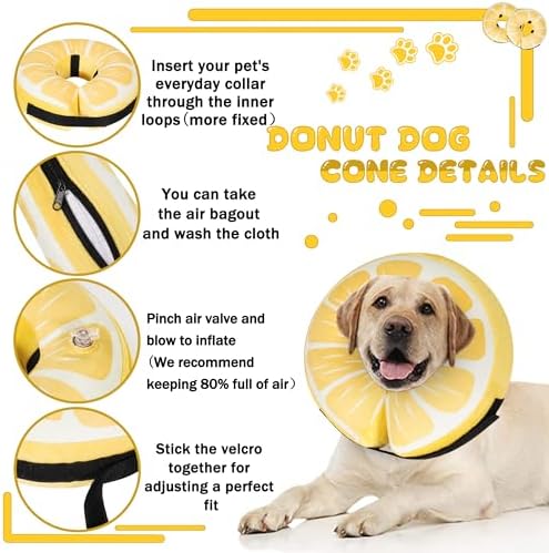 Inflatable Dog Cone Collar for Large Medium Small Dogs, Soft Adjustable Recovery Cone for Dogs Cats,Dog Neck Donut Alternative After Surgery(Lemon,Medium