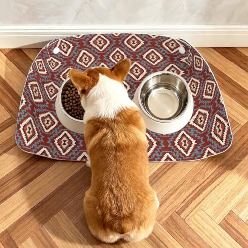 Diamond Motifs Pet 100% Waterproof Feeding Mat with Raised Edges, Tribal Eye Cat Small Dog Foldable Food Mat with Easy Clean Leather for Home Travel 17.7x11.8in