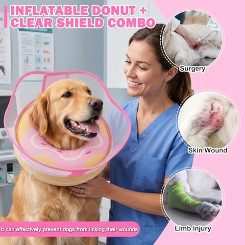 EMUST Inflatable Dog Donut Collar with Protective Shield, Soft Pet Recovery E-Collar for Dogs After Surgery, Adjustable Elizabethan Collar to Prevent Licking Biting Scratching (Pink, Medium)