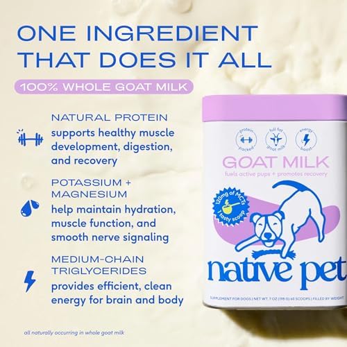 Native Pet Goat Milk Powder - Dog Food Topper for Active Dogs - Post-Activity Recovery, Energy, Immune Support, Hydration & Bone Health - Whole Goat Milk with MCTs & Essential Minerals - 60 Scoops
