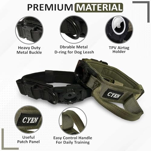 Heavy Duty Tactical Dog Collar with AirTag Holder, Adjustable GPS Tracking Collar for Small, Medium & Large Dogs, Compatible with Apple AirTag, Includes Control Handle for Added Security(Green, M)