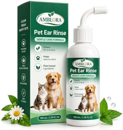 Amblora Pet Ear Rinse, Ear Cleaner for Dogs & Cats, Gentle Pet Ear Cleaning Solution for Daily Grooming, Helps Remove Dirt and Buildup, Fresh Ear Care Rinse with Easy Applicator for Pets