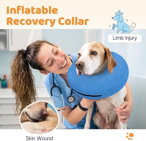 Supet Inflatable Dog Cone Collar for Dogs to Stop Licking, Dog Donut Collar After Surgery, Soft Pet Cone for Small Medium Large Dogs Blue 02 L