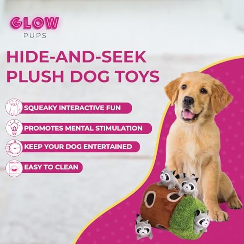 Glow Pups Hide and Seek Dog Toy, Interactive Plush Raccoon in Tree Burrow, Squeaky Woodland Style Dog Toys for Small Dogs, Mental Stimulation, Medium Size Tree with 4 Raccoon