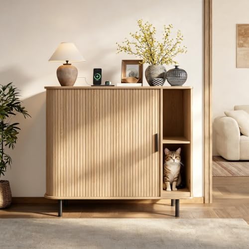 Cat Litter Box Enclosure, 31.8" Kitty Hidden Litter Box Furniture with Scratch Pad, Modern Indoor Cat House, Sliding Door, Adjustable Shelf for Dog Proof, Natural