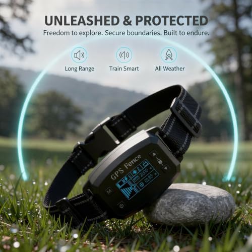 GPS E-Fence Collar, Wireless Dog Collar Fence System for Pet Training, 0.018 to 1.2 miles, 30 to 2,000 m Safety Distance, Bark Trainer with 3 Correction Modes, IPX6 Waterproof ABS, Black 1,000 mAh