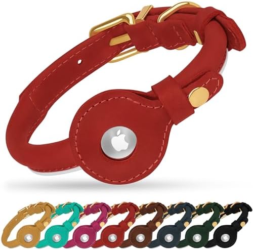 OOPSDOGGY Rolled Leather Dog Collar with Airtag Holder - Reflective Round Airtag Dog Collar - Soft Tracking Pet Collar for Small Dogs Puppy Cats Kitten (Red, XS, 8"-11")