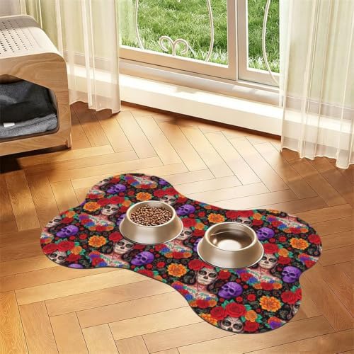 Dog Mexican Rose Sugar Skull Floral Women Day of The Dead Art Food Mat