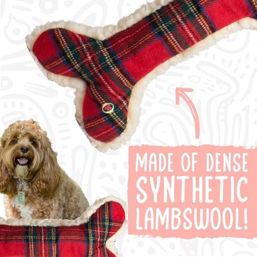 HuggleHounds Tartan Tidings Plush Bone Dog Toy - Dog Fuzzy Bone Toy, Soft Fleece, Durable, Stuffed Plush for Large Breeds, Puppies, Faux Sheepskin - 24" (1 Pack)